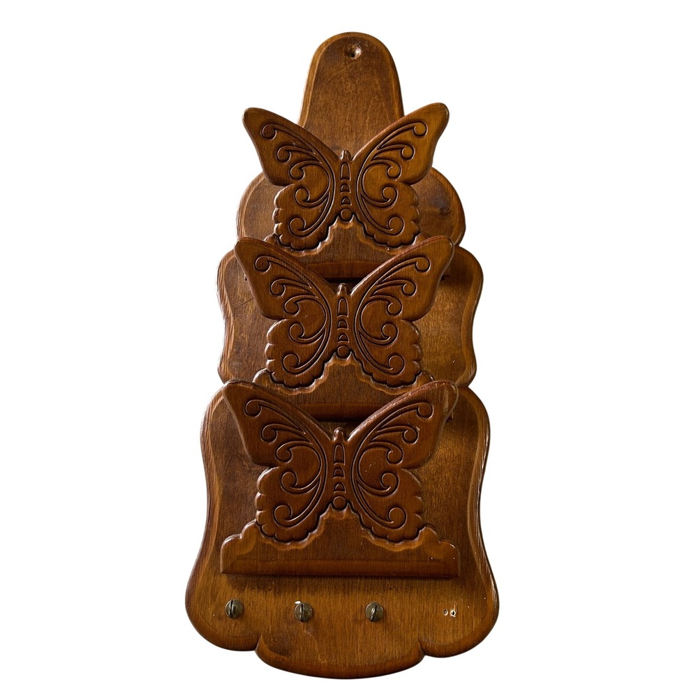 Vintage Wooden Butterfly Wall Organizer Brown 3-Tier Mail Key Holder 18in